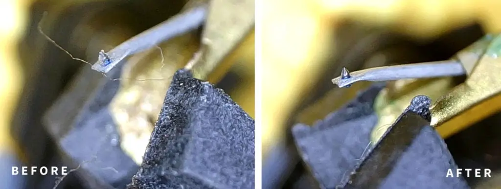 Before and after shot: how to clean a record player needle or stylus.